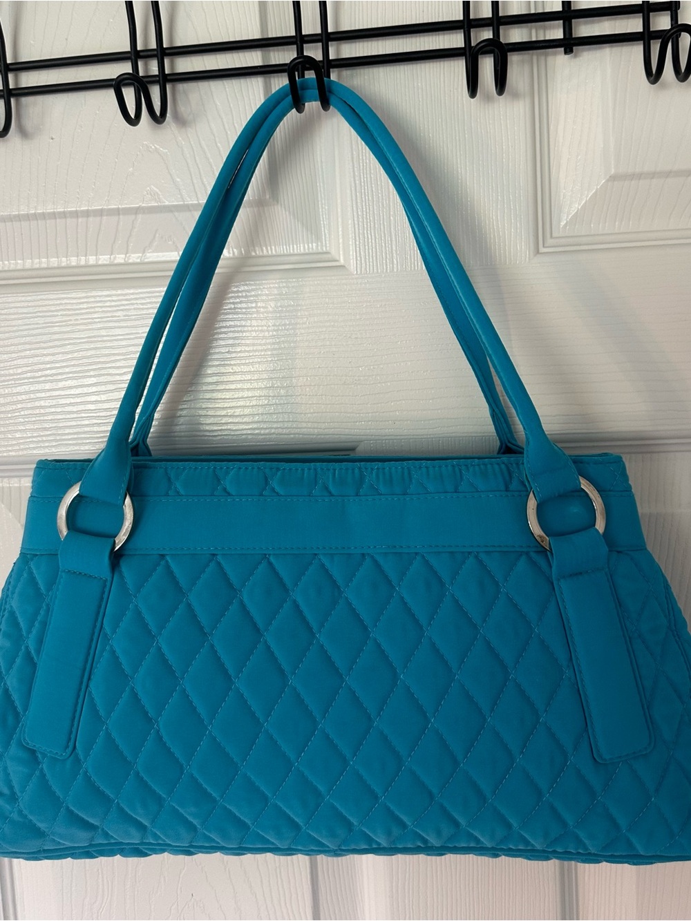 Vera Bradley Aqua Blue Shoulder Bag Zip Top Silver Hardware Green Lining Pockets